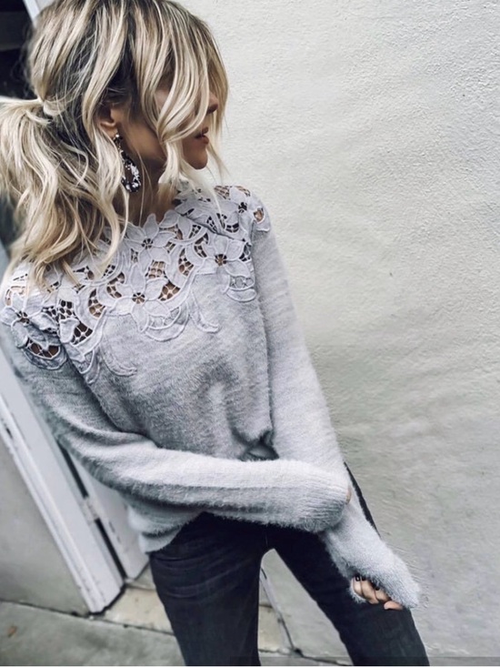 Vici Sweaters - Vici Light Gray Lace Yoke Crew Neck Sweater